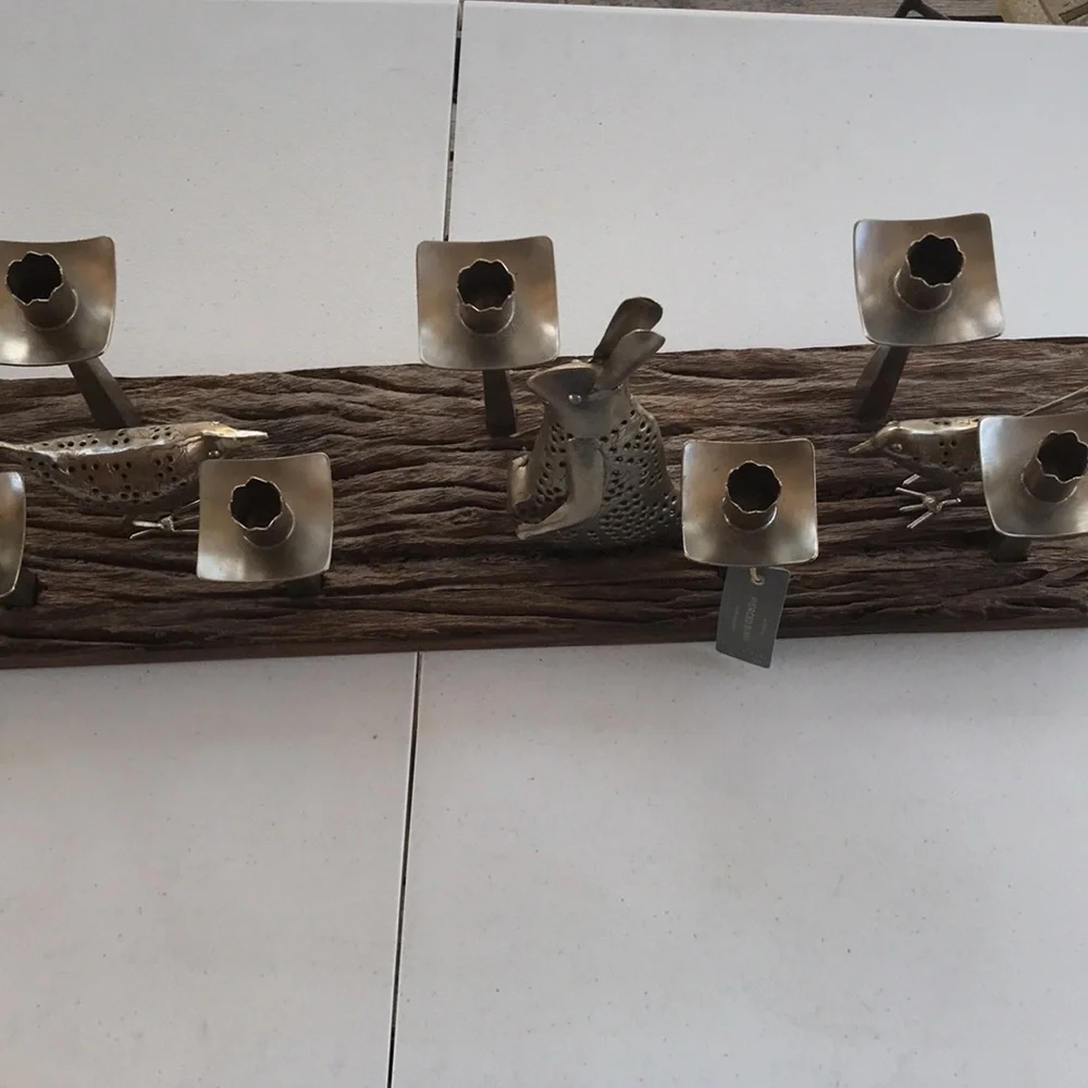 Pottery Barn Rustic Wood with Pierced Metal Bunny and Birds Taper Candle Holder - Picture 7 of 11